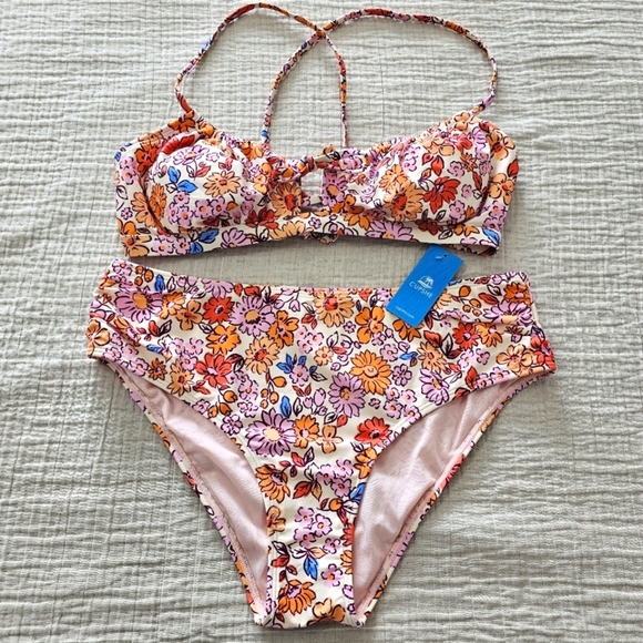 Cupshe Arty Petals Shirred Lace Back Bralette Mid Rise Bikini Set Sz Large NWTS - Picture 6 of 16